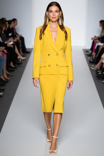 Yellow Two-piece Bodycon Work Dress with Long Sleeves